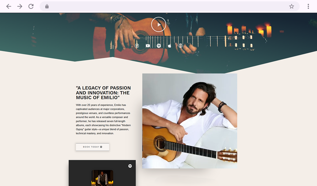 Portada del proyecto Emilio Modern Gypsy, página web para músico - EPK