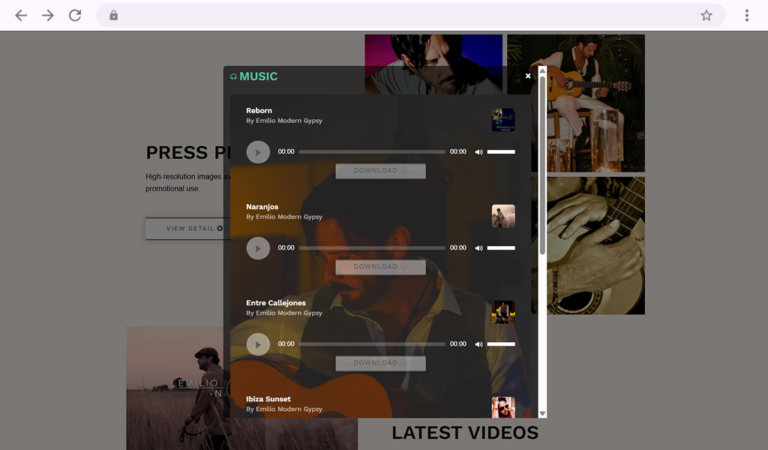 Página con pop-up reproductor de música de Emilio Modern Gypsy
